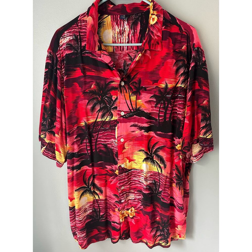 Men's XL Design in Italy Hawaiian Shirt Short Sleeve Rayon Palms Boats Sunset